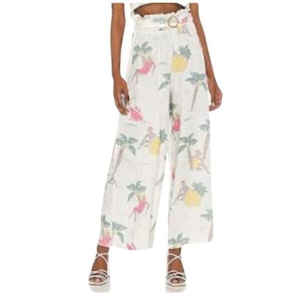 Place Nationale Wide Leg Linen Pants Tropical Beach Scene Print Size 1 (26")